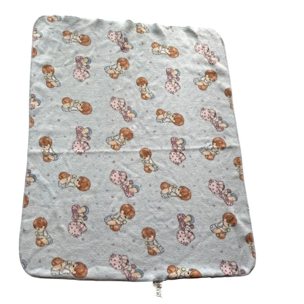 Precious Moments Baby Blanket Vintage Character Print Blue Fleece 90s Coquette
